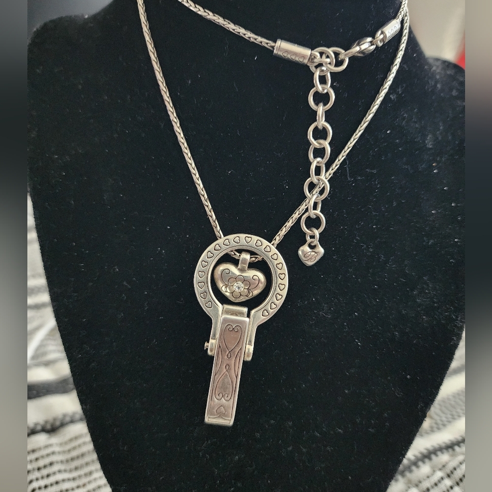 BRIGHTON Heart & Crystal Badge Clip Lanyard Necklace Silver Plated
